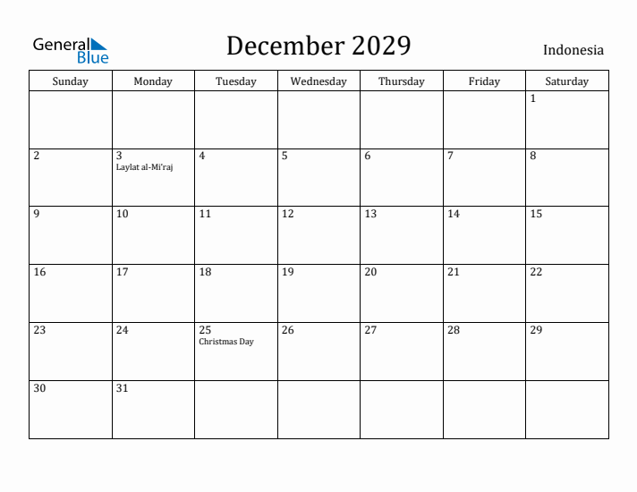 December 2029 Calendar Indonesia
