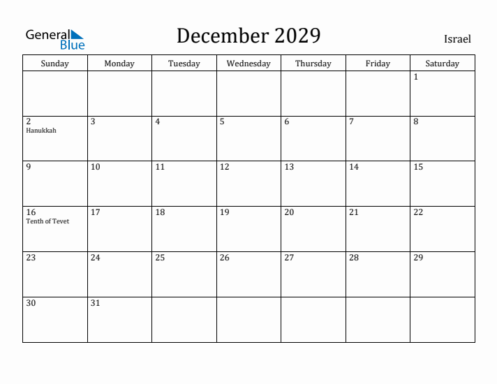 December 2029 Calendar Israel