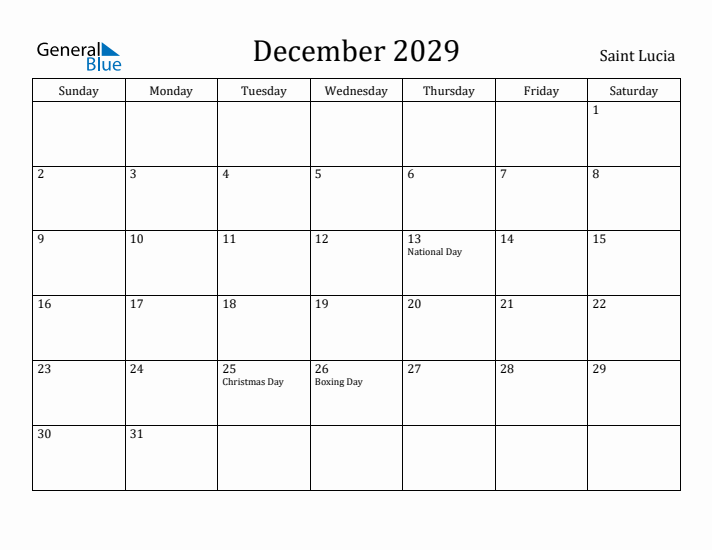 December 2029 Calendar Saint Lucia