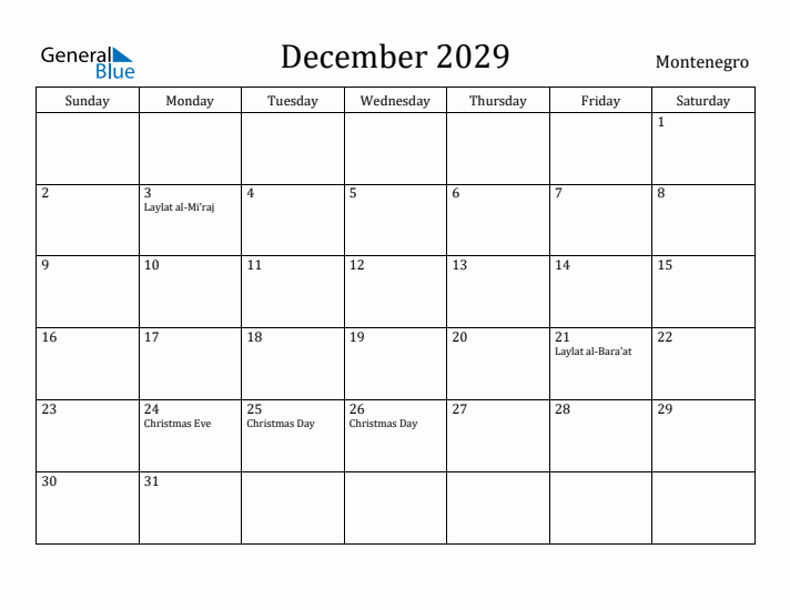 December 2029 Calendar Montenegro