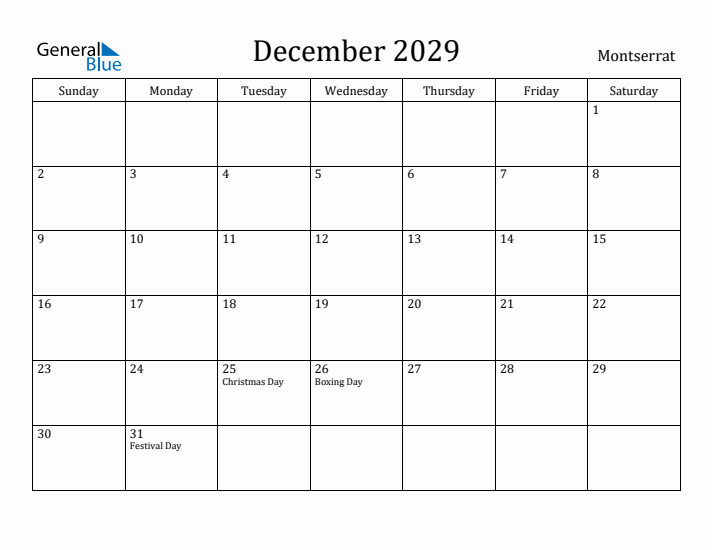 December 2029 Calendar Montserrat