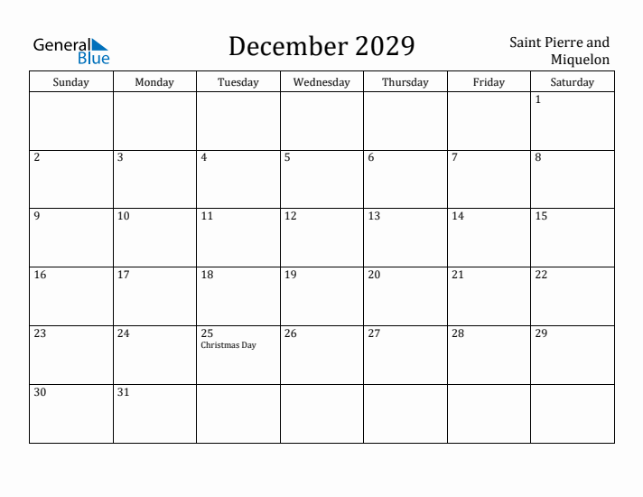 December 2029 Calendar Saint Pierre and Miquelon