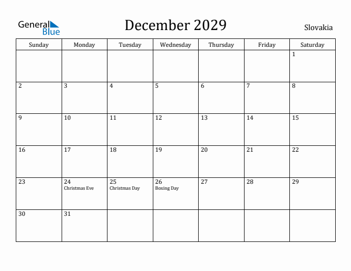December 2029 Calendar Slovakia