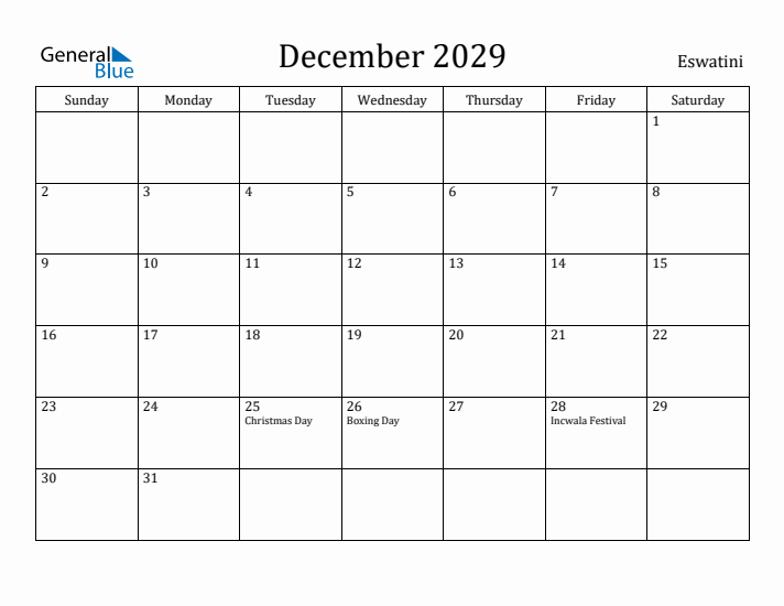 December 2029 Calendar Eswatini
