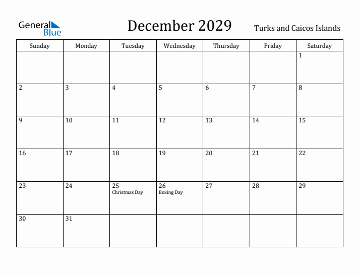 December 2029 Calendar Turks and Caicos Islands