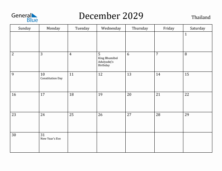 December 2029 Calendar Thailand