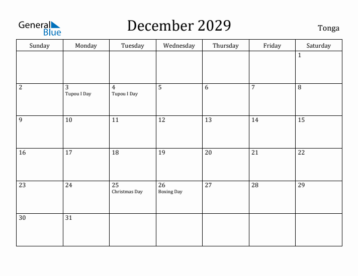 December 2029 Calendar Tonga