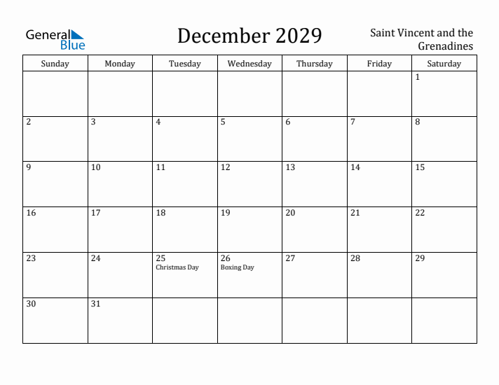 December 2029 Calendar Saint Vincent and the Grenadines