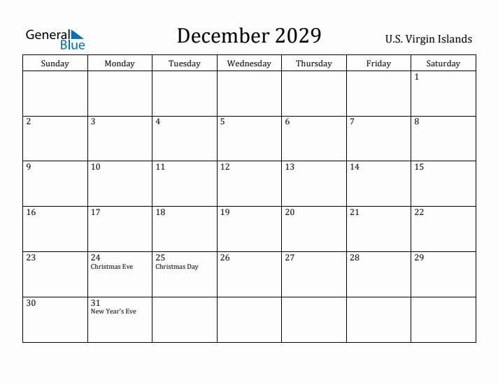 December 2029 Calendar U.S. Virgin Islands