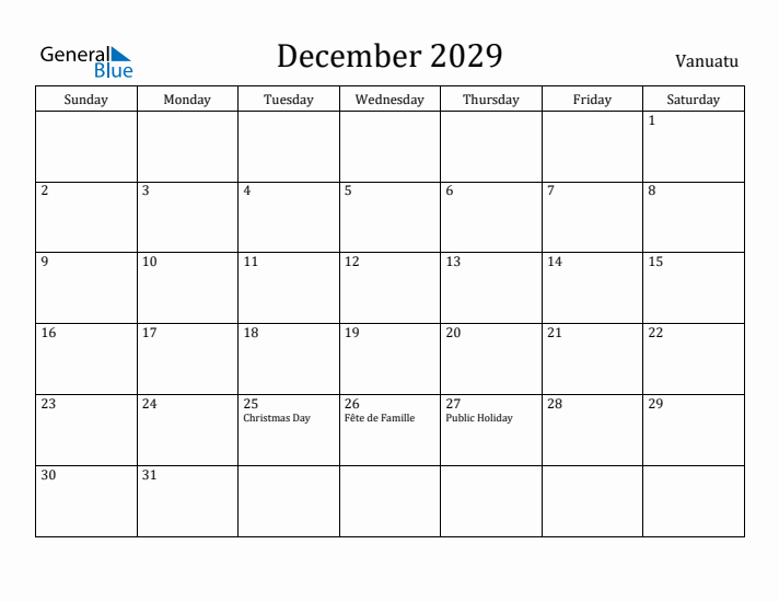 December 2029 Calendar Vanuatu