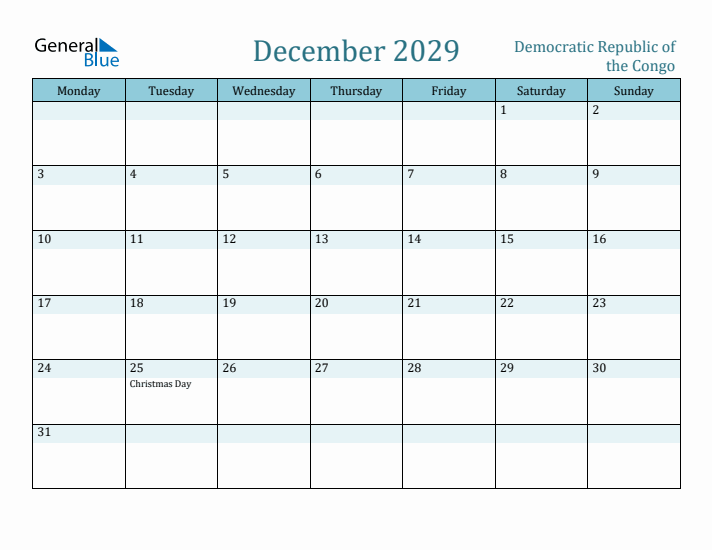 December 2029 Calendar with Holidays