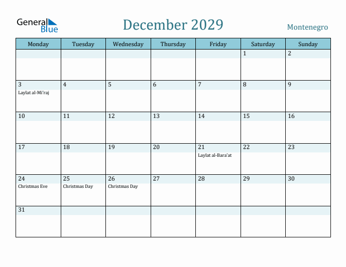 December 2029 Calendar with Holidays