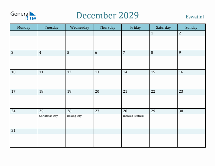 December 2029 Calendar with Holidays