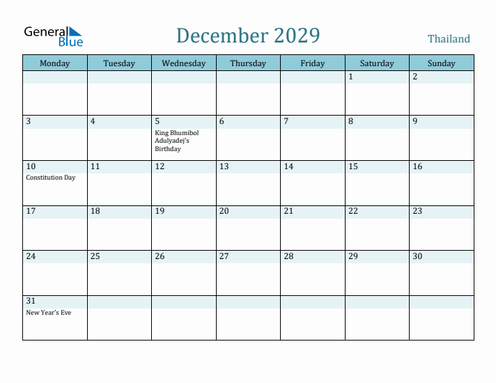 December 2029 Calendar with Holidays