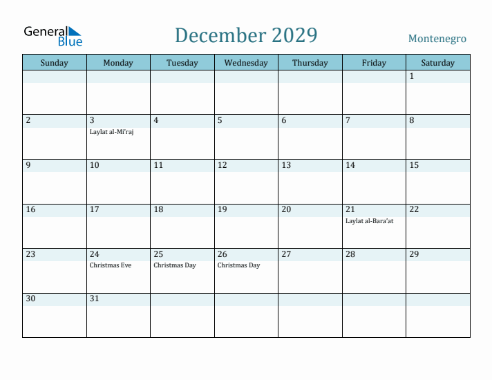 December 2029 Calendar with Holidays