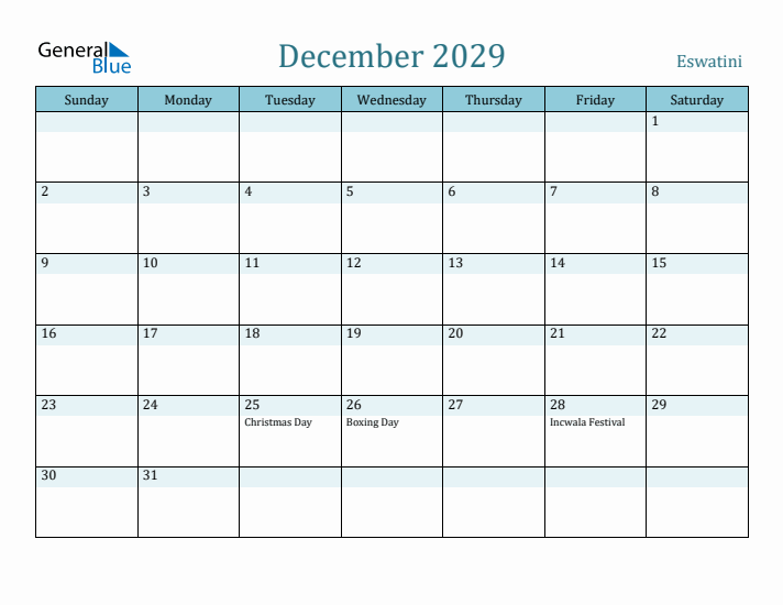 December 2029 Calendar with Holidays