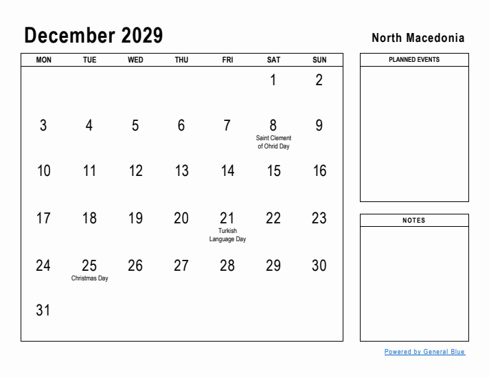 December 2029 Printable Monthly Calendar with North Macedonia Holidays