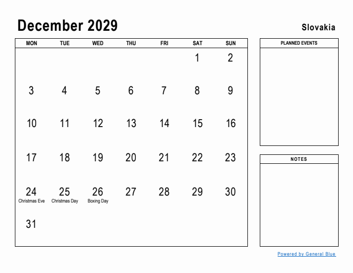 December 2029 Printable Monthly Calendar with Slovakia Holidays