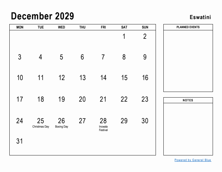 December 2029 Printable Monthly Calendar with Eswatini Holidays