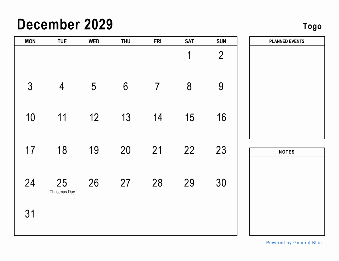 December 2029 Planner with Togo Holidays (Monday Start)