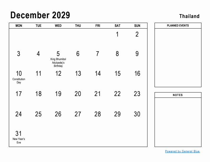 December 2029 Printable Monthly Calendar with Thailand Holidays
