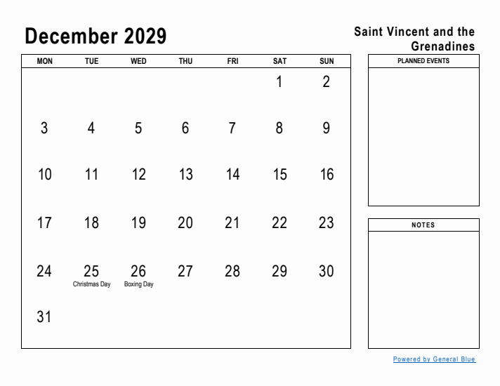 December 2029 Printable Monthly Calendar with Saint Vincent and the Grenadines Holidays