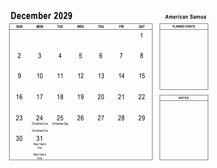 December 2029 Printable Monthly Calendar with American Samoa Holidays