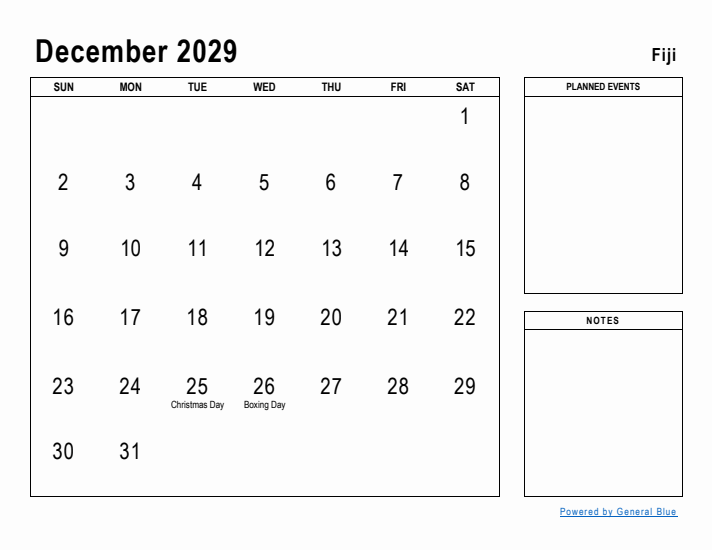 December 2029 Printable Monthly Calendar with Fiji Holidays
