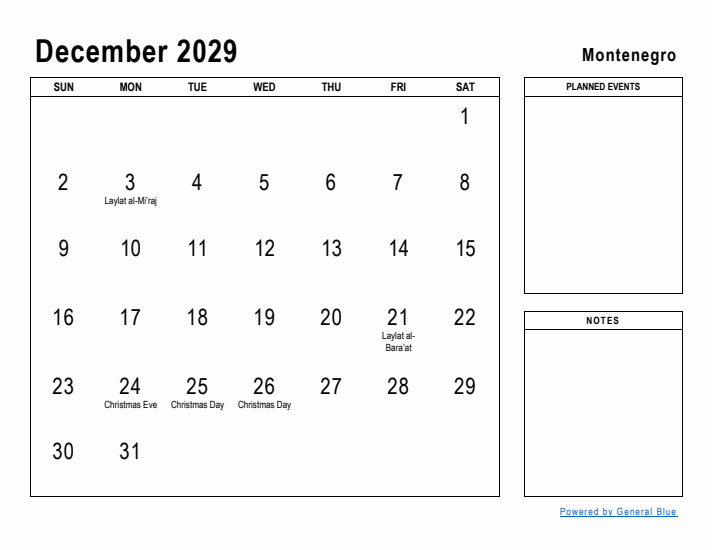 December 2029 Printable Monthly Calendar with Montenegro Holidays