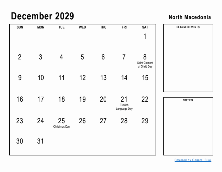 December 2029 Printable Monthly Calendar with North Macedonia Holidays