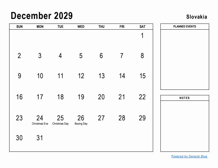 December 2029 Printable Monthly Calendar with Slovakia Holidays