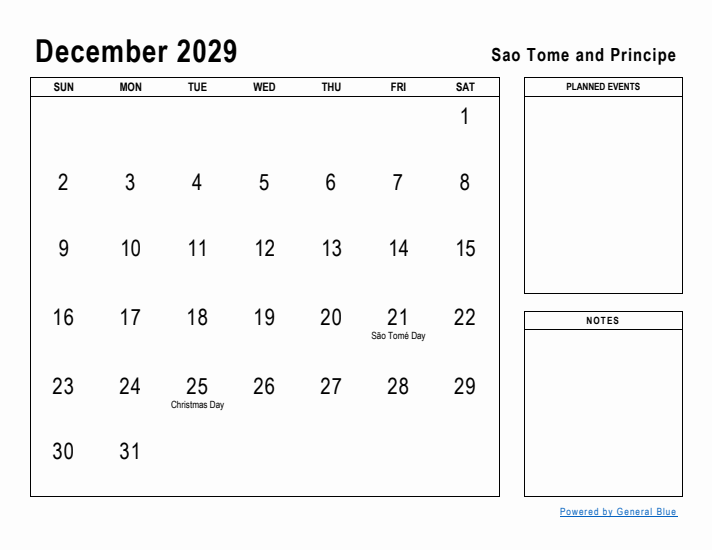 December 2029 Printable Monthly Calendar with Sao Tome and Principe Holidays
