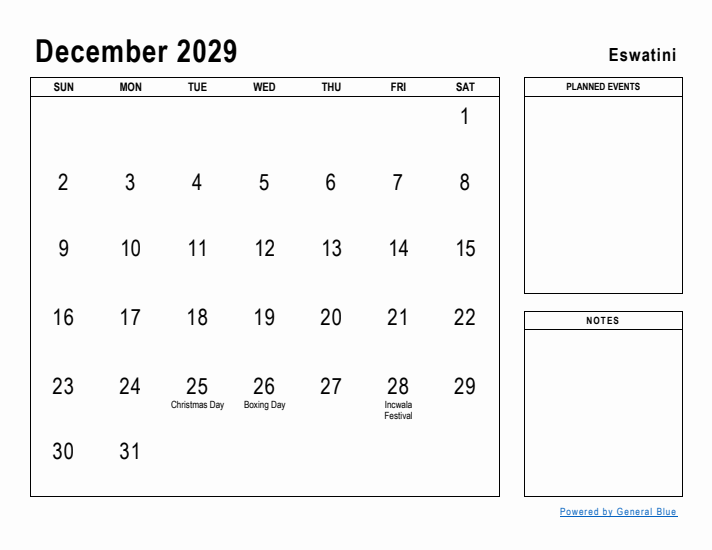 December 2029 Printable Monthly Calendar with Eswatini Holidays