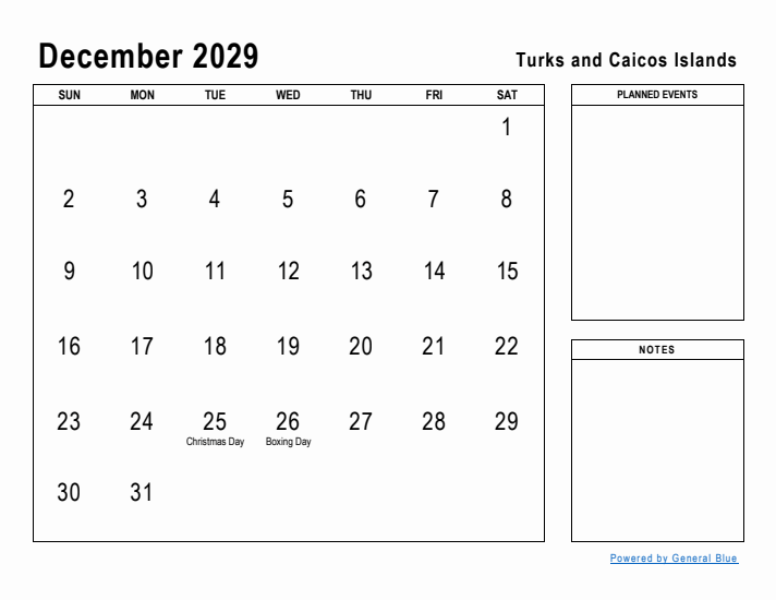 December 2029 Printable Monthly Calendar with Turks and Caicos Islands Holidays