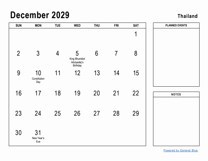 December 2029 Printable Monthly Calendar with Thailand Holidays