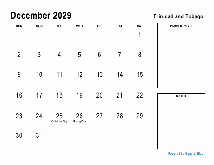 December 2029 Printable Monthly Calendar with Trinidad and Tobago Holidays