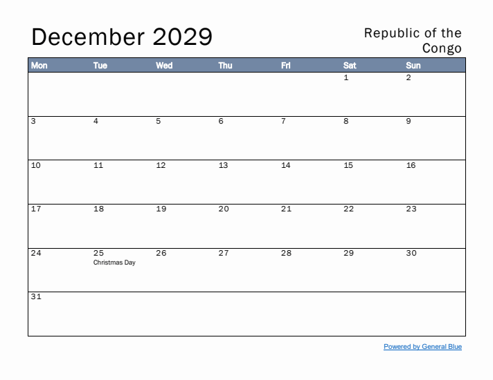 December 2029 Simple Monthly Calendar for Republic of the Congo