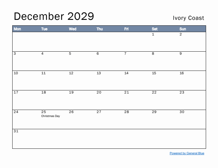 December 2029 Simple Monthly Calendar for Ivory Coast
