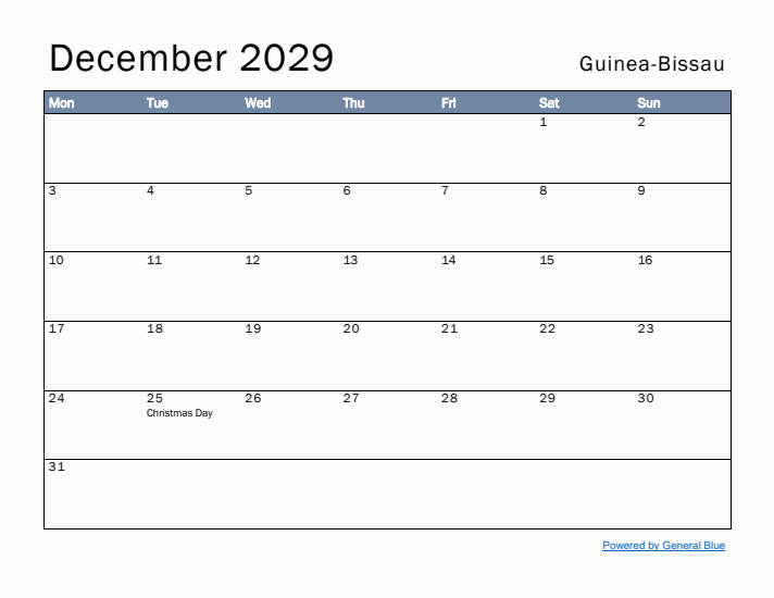 December 2029 Simple Monthly Calendar for Guinea-Bissau