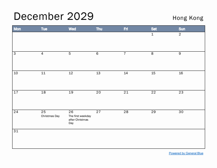 December 2029 Simple Monthly Calendar for Hong Kong