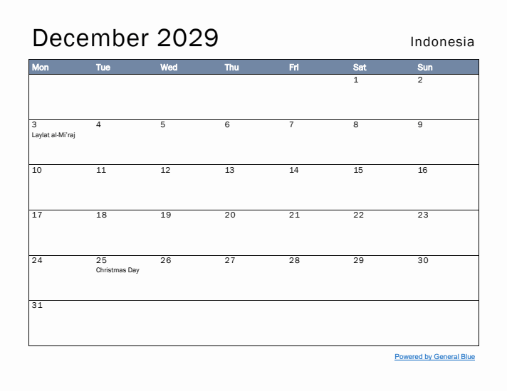 December 2029 Simple Monthly Calendar for Indonesia