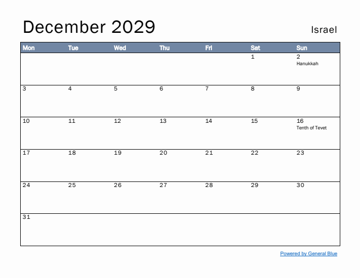 December 2029 Simple Monthly Calendar for Israel