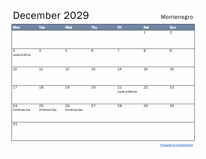 December 2029 Simple Monthly Calendar for Montenegro