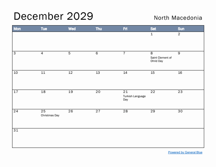 December 2029 Simple Monthly Calendar for North Macedonia