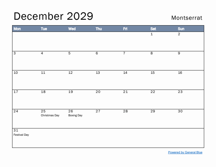 December 2029 Simple Monthly Calendar for Montserrat