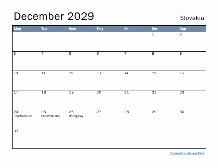 December 2029 Simple Monthly Calendar for Slovakia