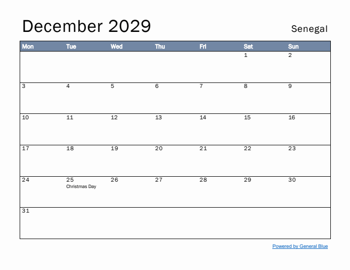 December 2029 Simple Monthly Calendar for Senegal