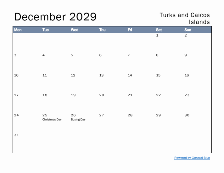 December 2029 Simple Monthly Calendar for Turks and Caicos Islands