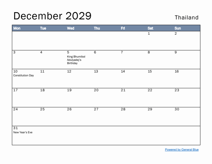December 2029 Simple Monthly Calendar for Thailand