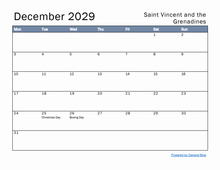 December 2029 Simple Monthly Calendar for Saint Vincent and the Grenadines